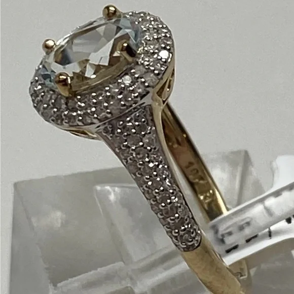 10K Yellow Gold Natural Aquamarine and 0.35ct twt Diamond Ring Size 7 New March